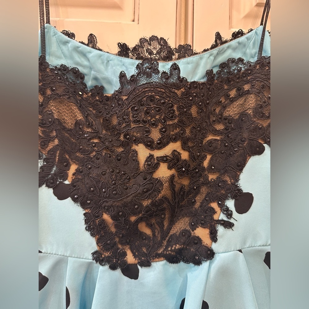 Sherri Hill Black and Blue Polka Dot Formal Dress - Picture 3 of 9
